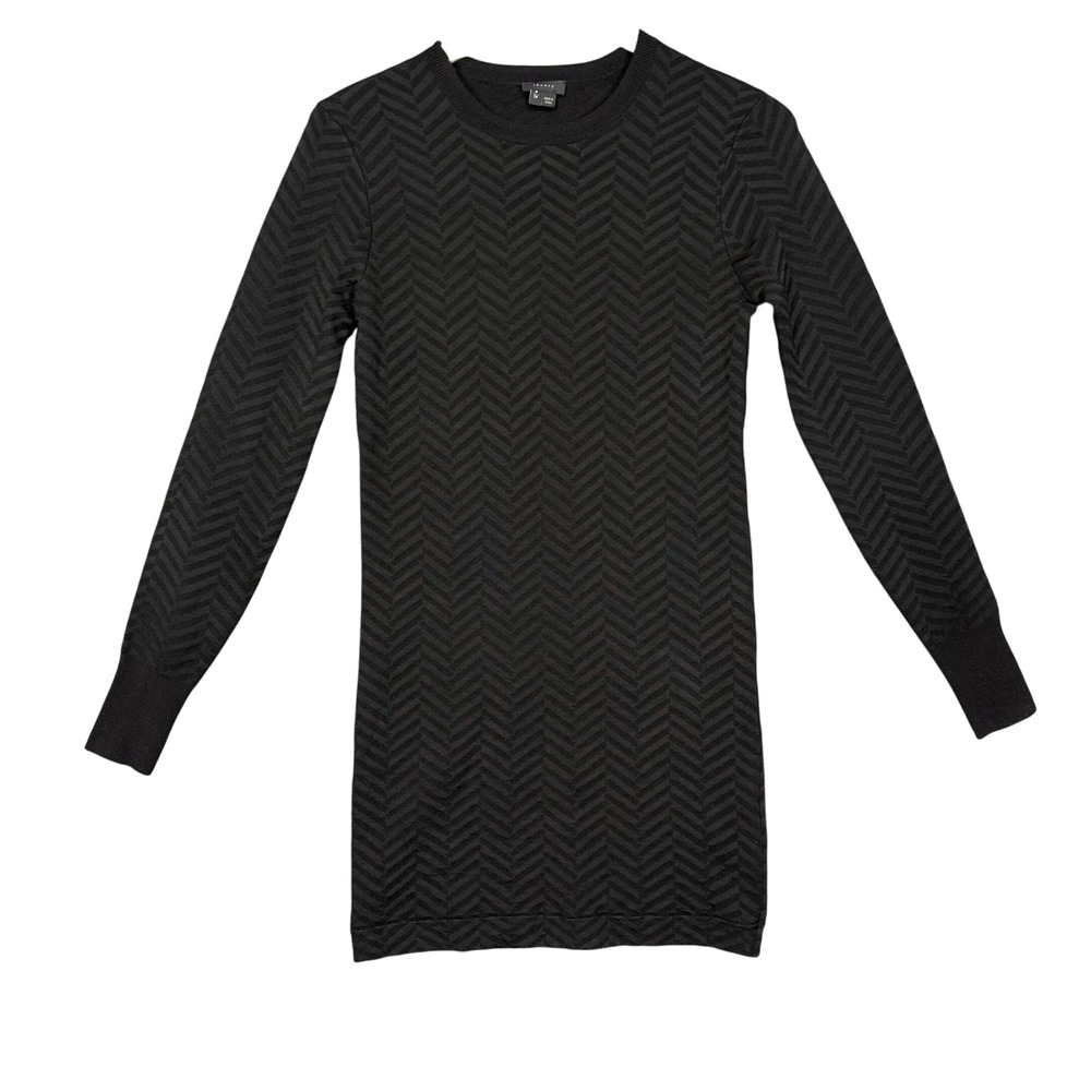 Theory Sweater Dress Womens P Petite Black Virtee Evian Wool Blend Chevron Knit